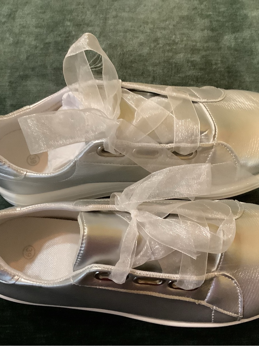 Women's Metallic Silver Lace-Up Sneakers with Sheer Ribbon